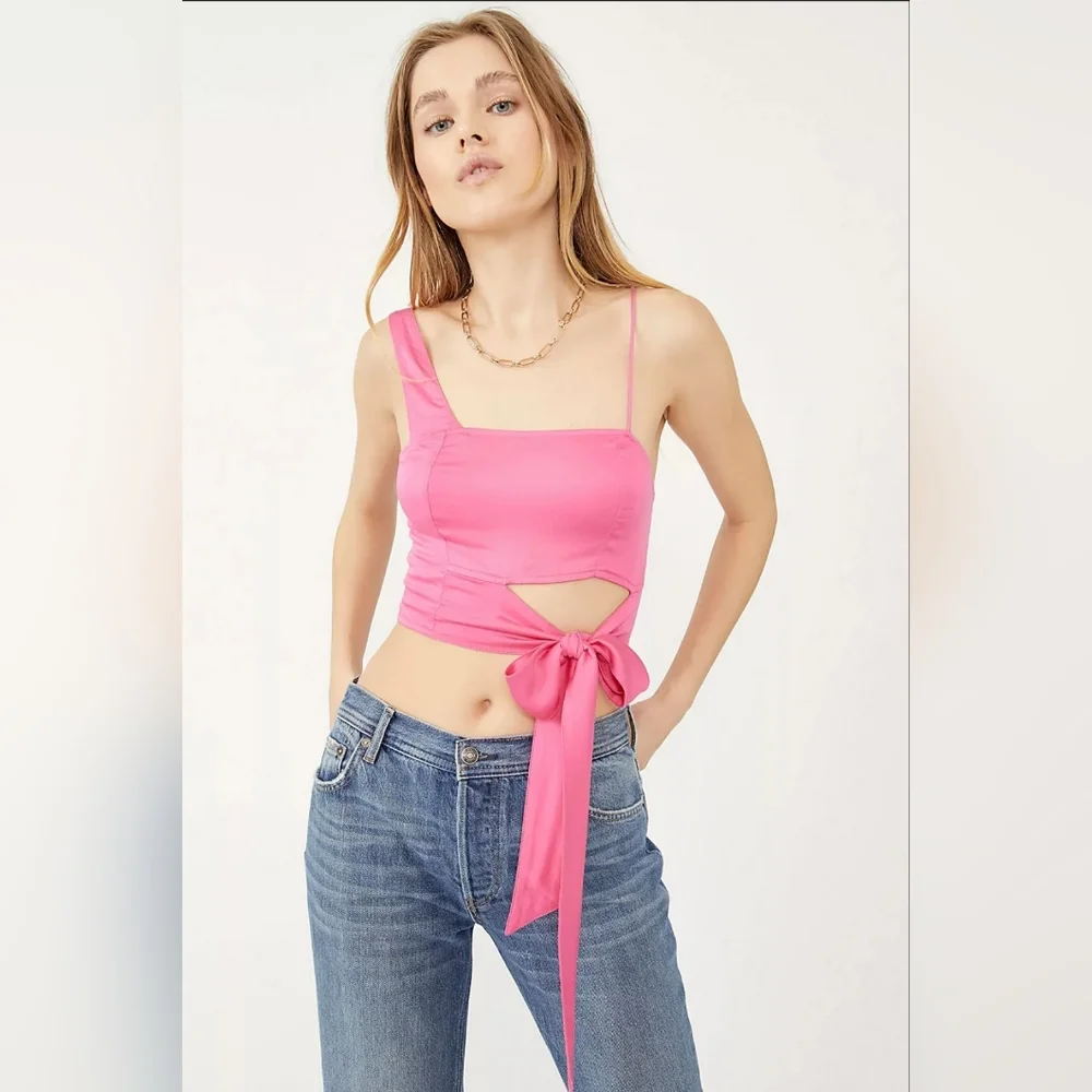 Free People Mila One Shoulder Side Tie Cropped Size Large, Pink NWOT - Picture 2 of 5
